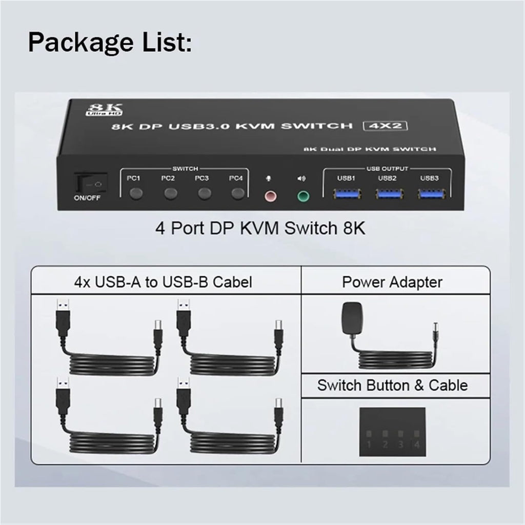 8K Displayport USB3.0 KVM Switch 4x2 for 4 PC Share 2 Monitor Extended Display DP 1.4 KVM Switcher 4 in 2 Out with 3xUSB3.0 Port(with AU Plug)