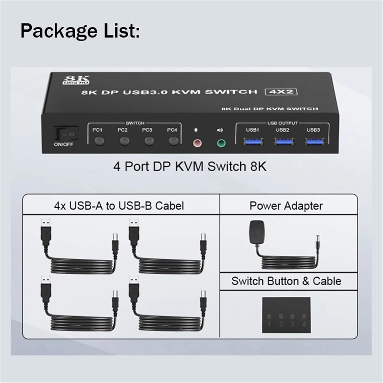 8K Displayport USB3.0 KVM Switch 4x2 for 4 PC Share 2 Monitor Extended Display DP 1.4 KVM Switcher 4 in 2 Out with 3xUSB3.0 Port(with AU Plug)