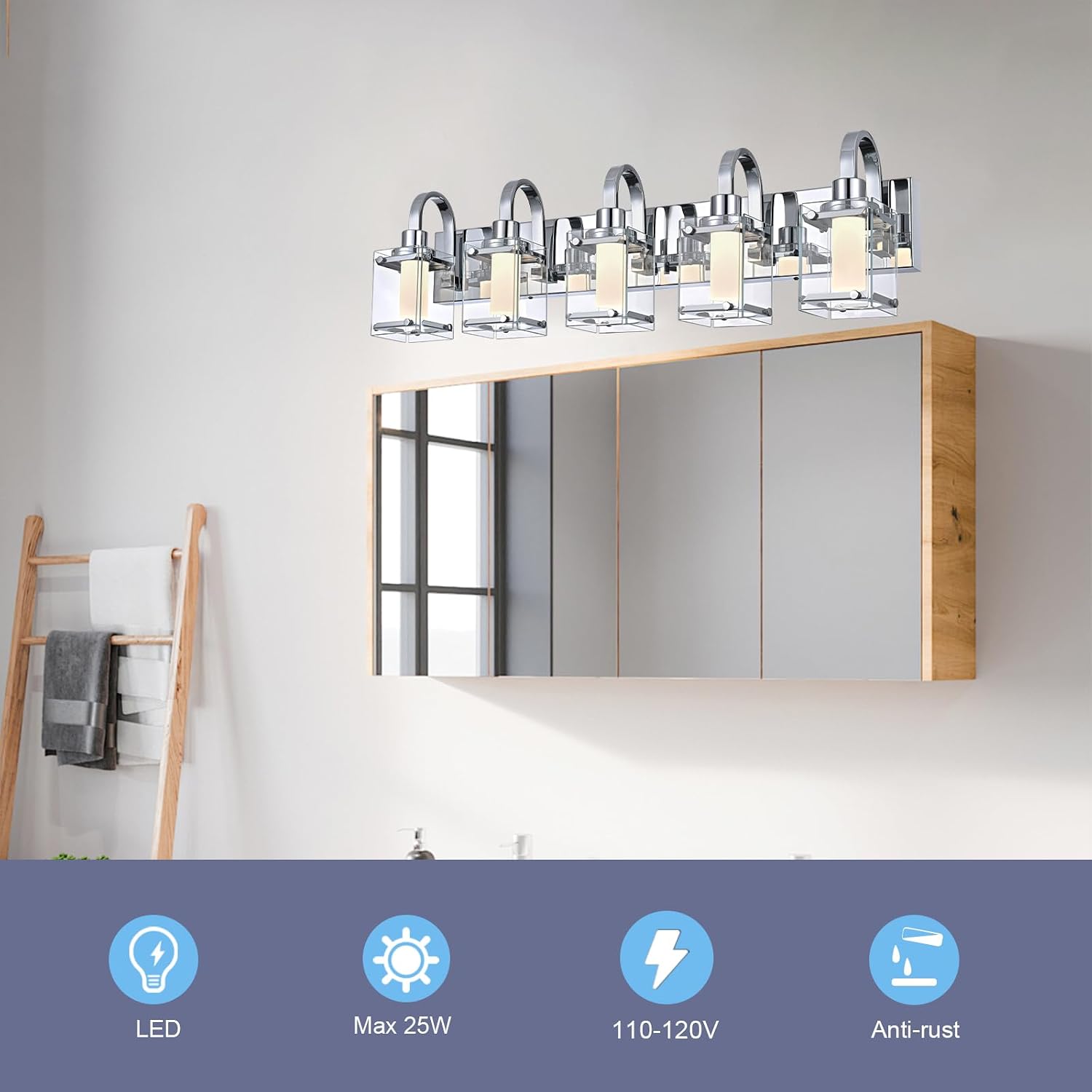 5-Light Chrome Vanity Light Fixtures, Modern LED Bathroom Wall Lights for Dressing Room, Integrated LED Chips with Frosted Column & Clear Square Glass Shades, Energy Saving Wall Sconce
