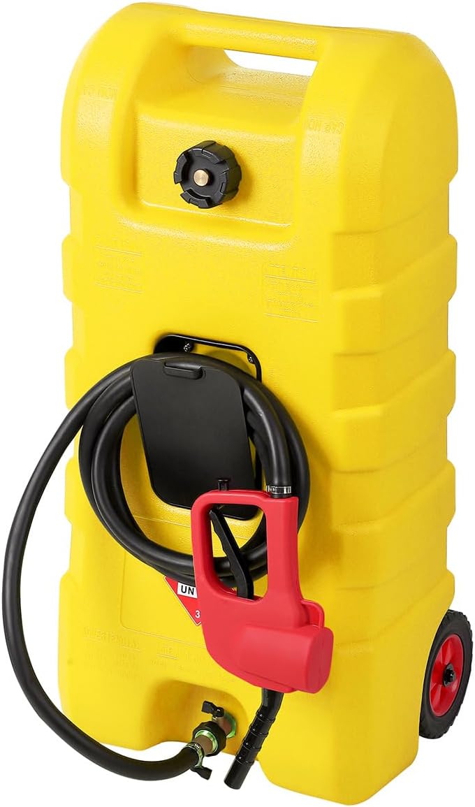 15 Gallon Fuel Caddy – Portable Diesel & Gasoline Tank with Manual Siphon Pump, 10ft Delivery Hose & Wheels for Cars, Boats, ATVs & Lawn Mowers - Yellow