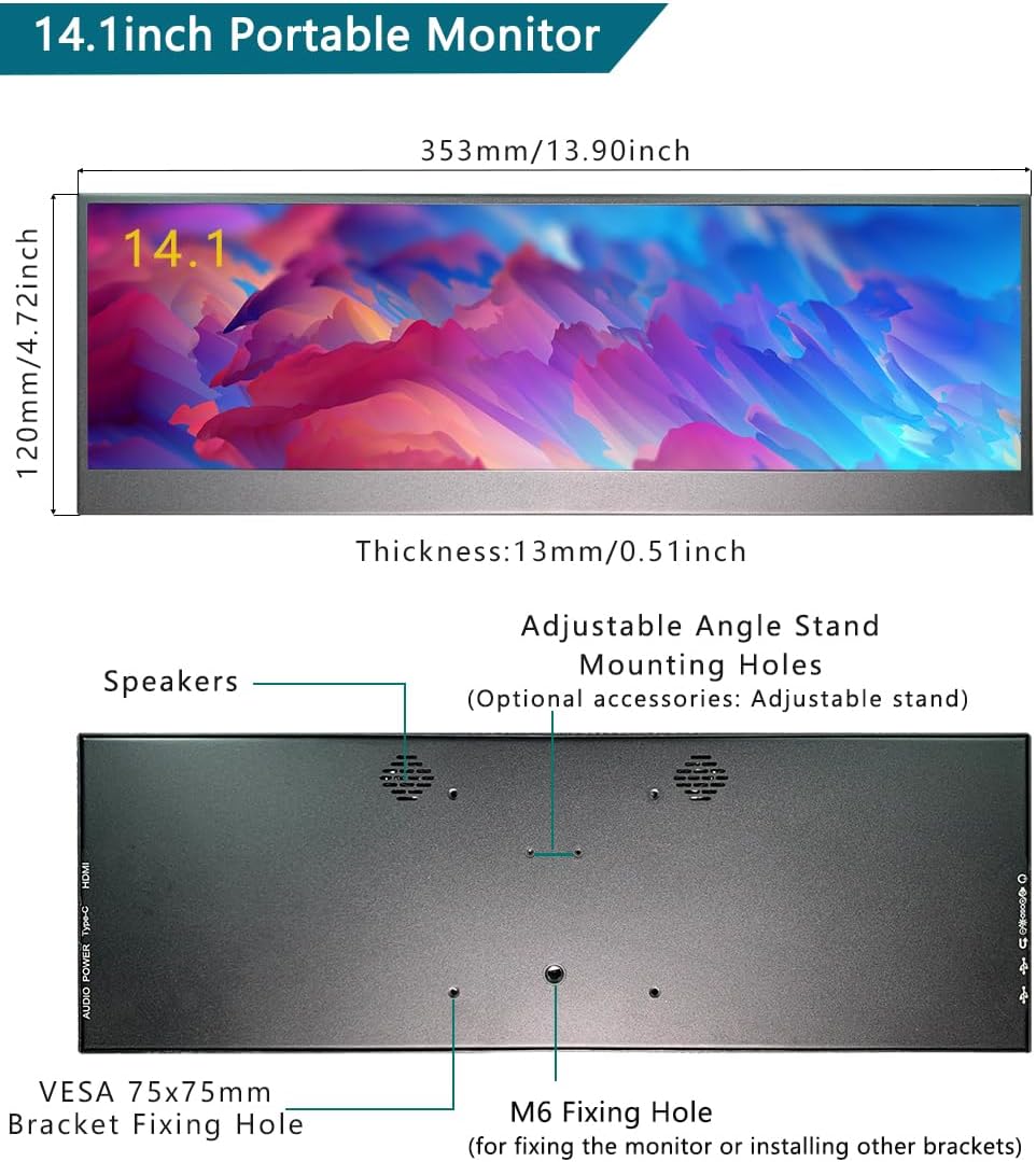 14.1 inch Temp Display Stretched Bar LCD Touch Strip Display USB C & HDMI 1920x550 IPS Sub Extender mini Wide Monitor for GPU CPU Data Monitoring PC Case