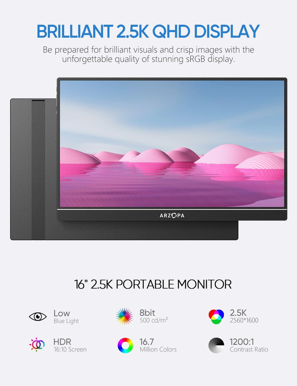 ARZOPA 16' 2.5K Portable Monitor, 2560x1600 QHD 123% sRGB IPS Display and 16.1 Portable Monitor Sleeve Case Bundle