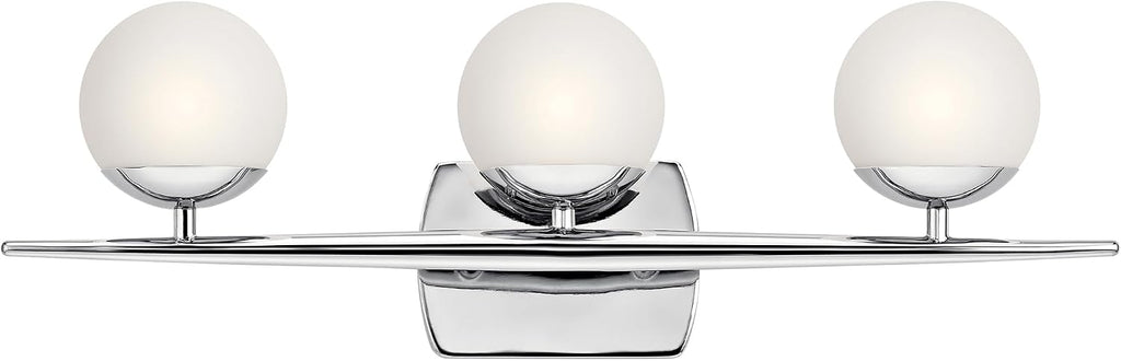 Kichler Jasper 24.5' Halogen Vanity Light in Chrome, 3-Light Mid Century Bathroom Vanity with Satin Etched Cased Opal Glass, (24.5' W x 7.75' H), 45582CH