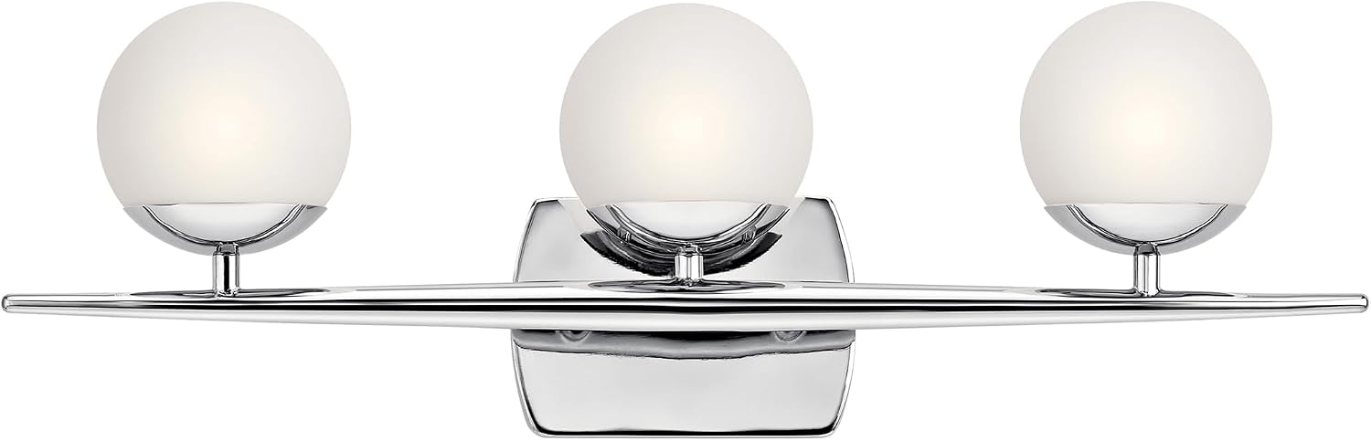 Kichler Jasper 24.5' Halogen Vanity Light in Chrome, 3-Light Mid Century Bathroom Vanity with Satin Etched Cased Opal Glass, (24.5' W x 7.75' H), 45582CH