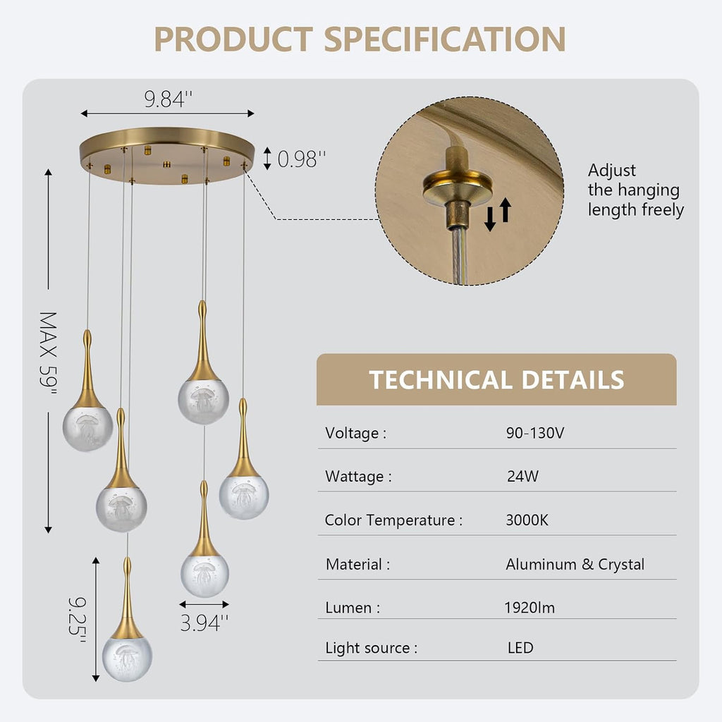CHYING 6-Lights Pendant Lights Kitchen Island, Modern LED Dimmable Globe Crystal Jellyfish Teardrop Ceiling Pendant Chandelier for Dining Room Hallway Foyer Staircase, Gold Warm White
