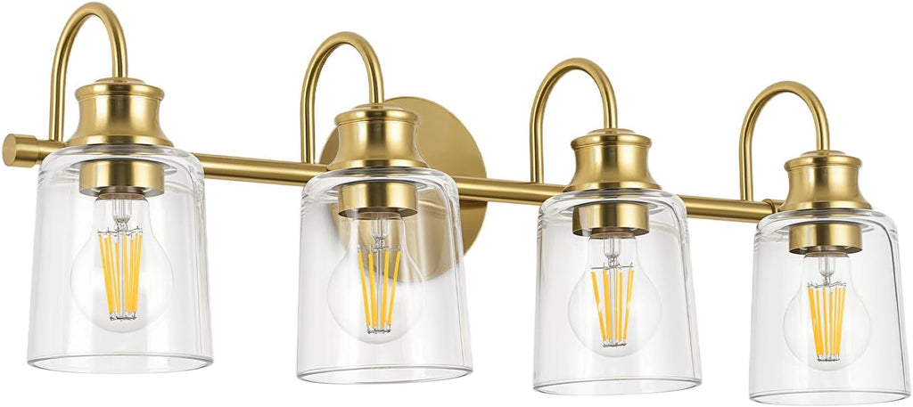 4 Lights Bathroom Light Fixtures Modern Gold Vanity Lights for Bathroom Lighting Fixtures Over Mirror with Clear Glass Shade for Cabinet Mirror Bedroom Hallway