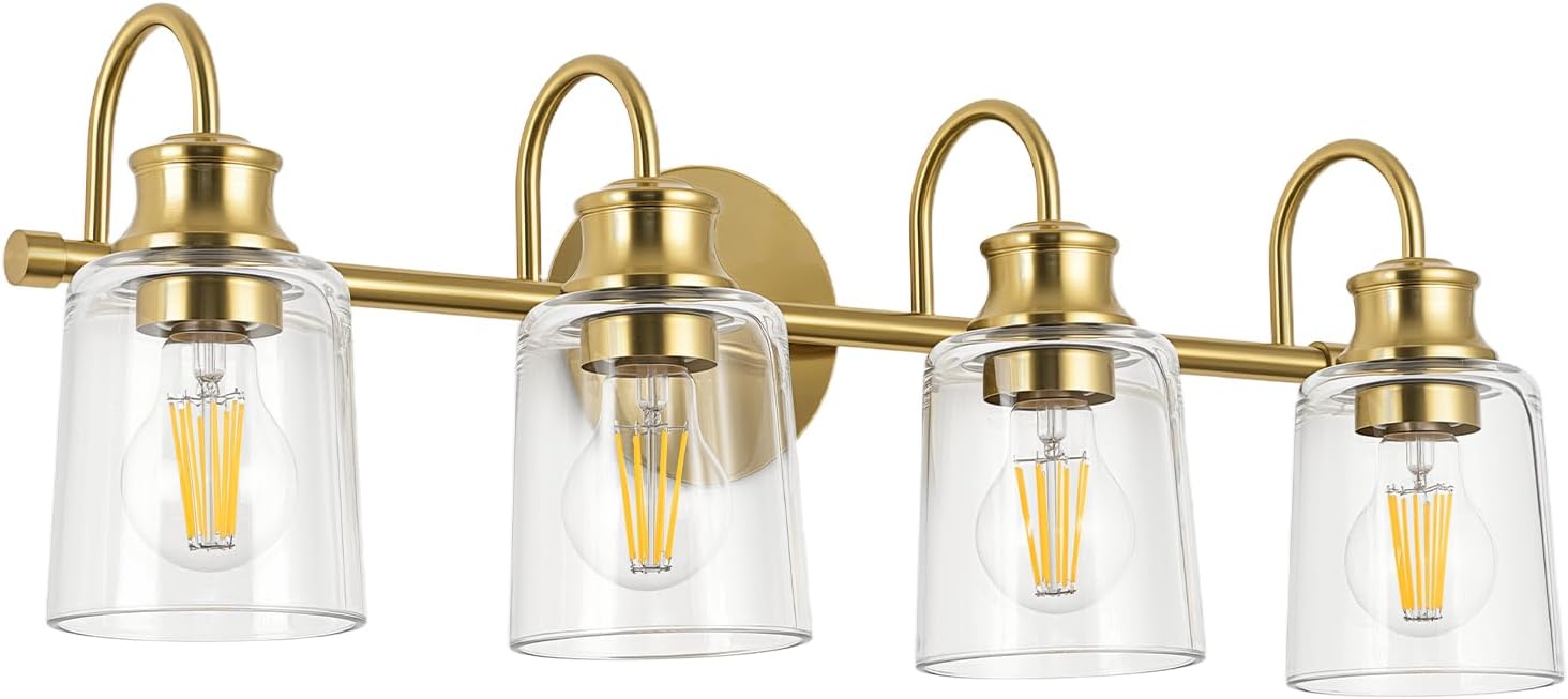 4 Lights Bathroom Light Fixtures Modern Gold Vanity Lights for Bathroom Lighting Fixtures Over Mirror with Clear Glass Shade for Cabinet Mirror Bedroom Hallway