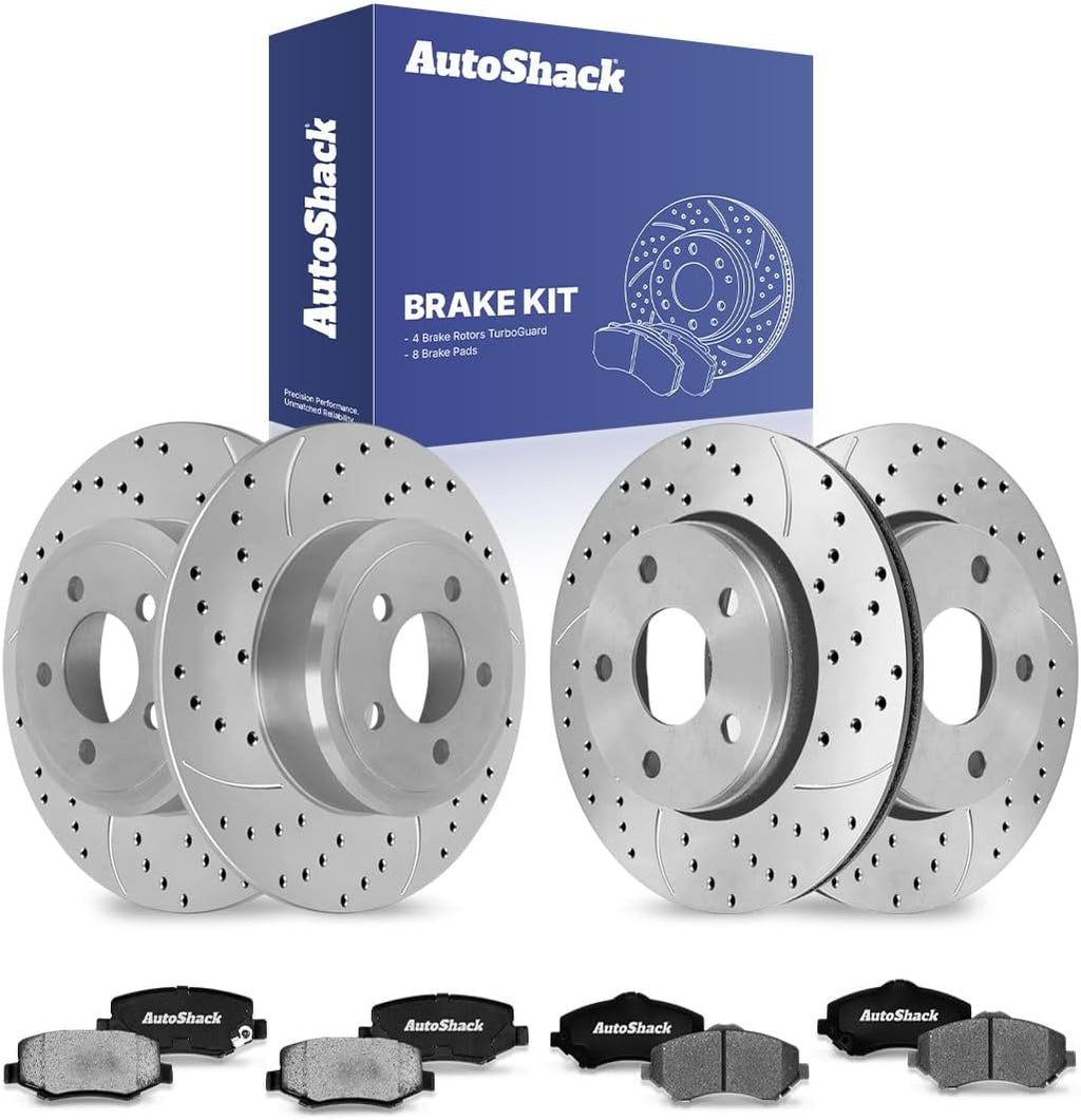 AutoShack Front & Rear Brake Rotors & Ceramic Pads for Jeep, Wrangler 2007-2017 Wrangler JK 2018, 4WD RWD V6 3.6L 3.8L - Coated Drilled & Slotted - Silver Matte Finish - TurboGuard
