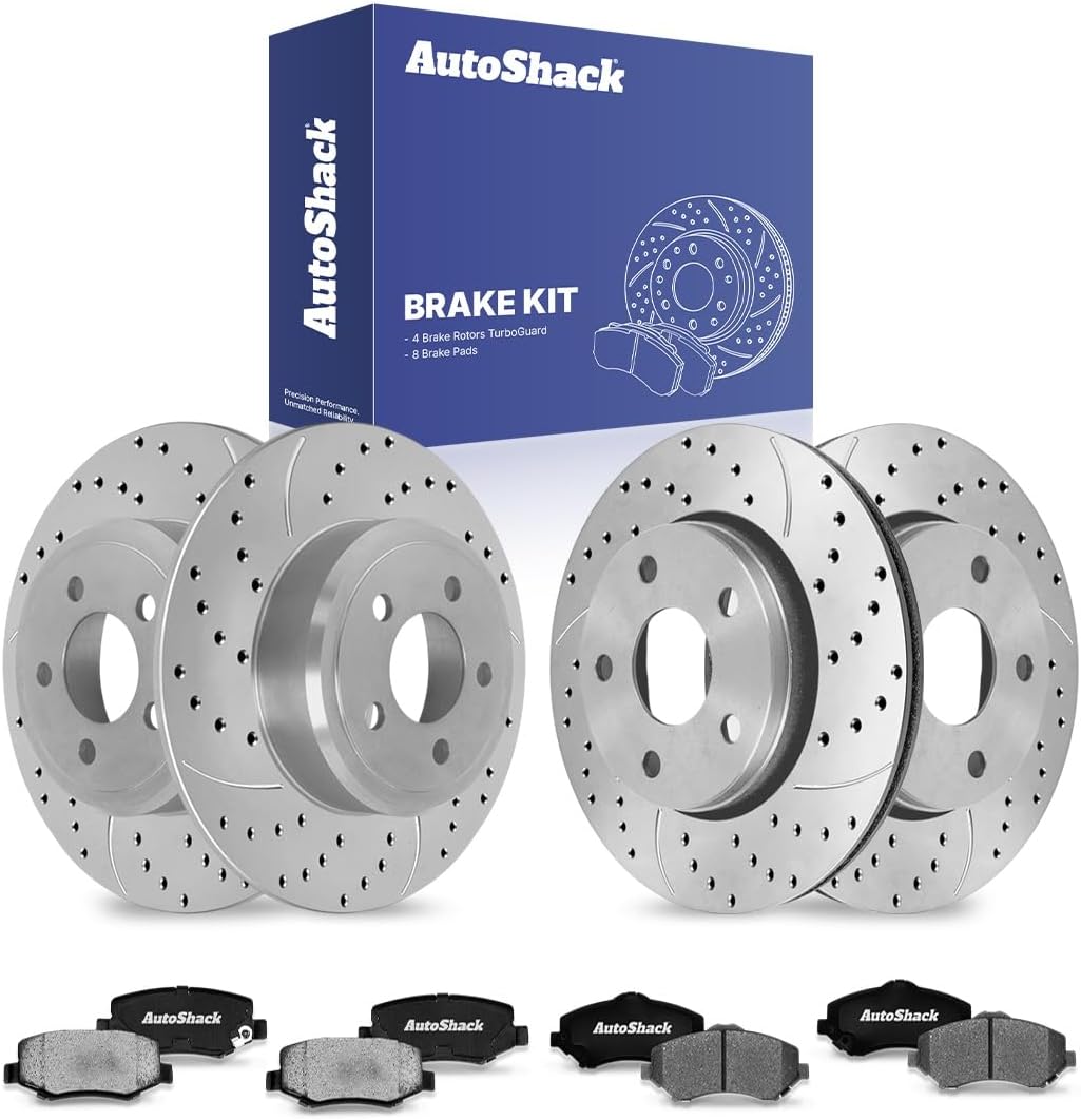 AutoShack Front & Rear Brake Rotors & Ceramic Pads for Jeep, Wrangler 2007-2017 Wrangler JK 2018, 4WD RWD V6 3.6L 3.8L - Coated Drilled & Slotted - Silver Matte Finish - TurboGuard