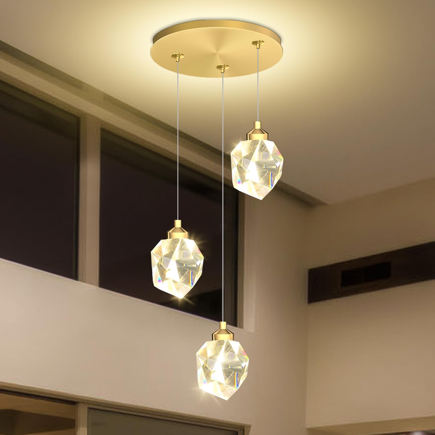 Gold Pendant Light Dimmable LED 3-Light Modern Pendant Light Kitchen Island Dining Room Bar