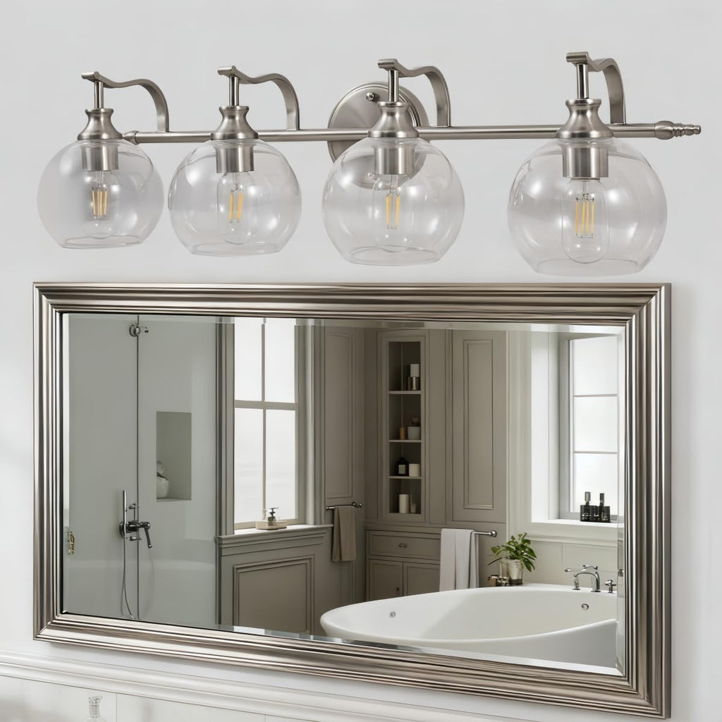 ANDY STAR Brushed Nickel Vanity Lights for Bathroom, 4 Light Vanity Light Brushed Nickel, Farmhouse Vanity Lighting Fixtures, 30.5 Inch Modern Silver Wall Sconce, E26 Base Bulbs Required, UL Certified