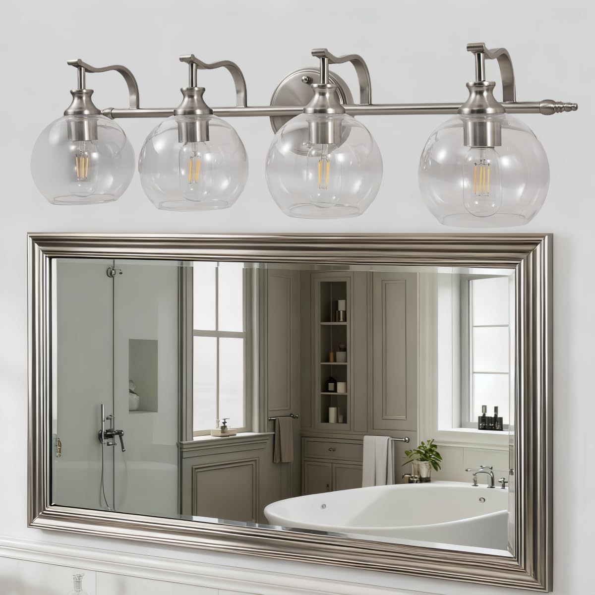 ANDY STAR Brushed Nickel Vanity Lights for Bathroom, 4 Light Vanity Light Brushed Nickel, Farmhouse Vanity Lighting Fixtures, 30.5 Inch Modern Silver Wall Sconce, E26 Base Bulbs Required, UL Certified