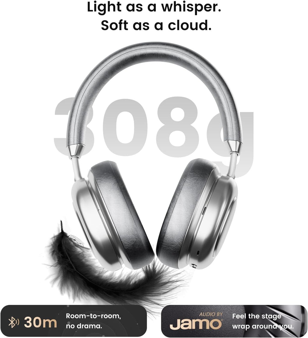 VWS X1 Wireless Over Ear Bluetooth Headphones, Noise Cancelling Headphones with 40mm Jamo Drivers, Dual OLED Touchscreen, APP Control, 60H Playtime, Silver