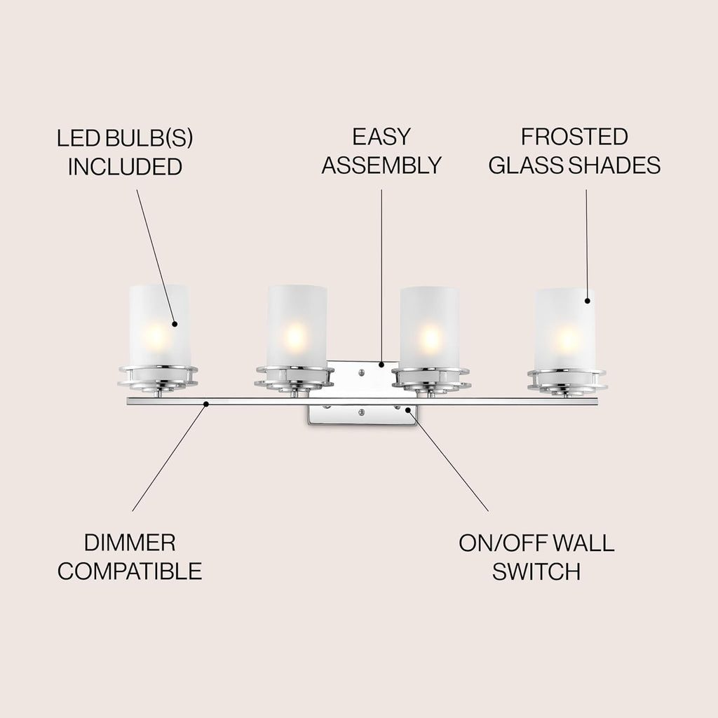 JONATHAN Y 32' Chrome Modern LED Vanity Light, 4-Light Art Deco Wall Sconce Fixture for Bathroom Mirror, with Frosted White Glass Shade, Dimmable, LED Bulb Included (JYL7487A)