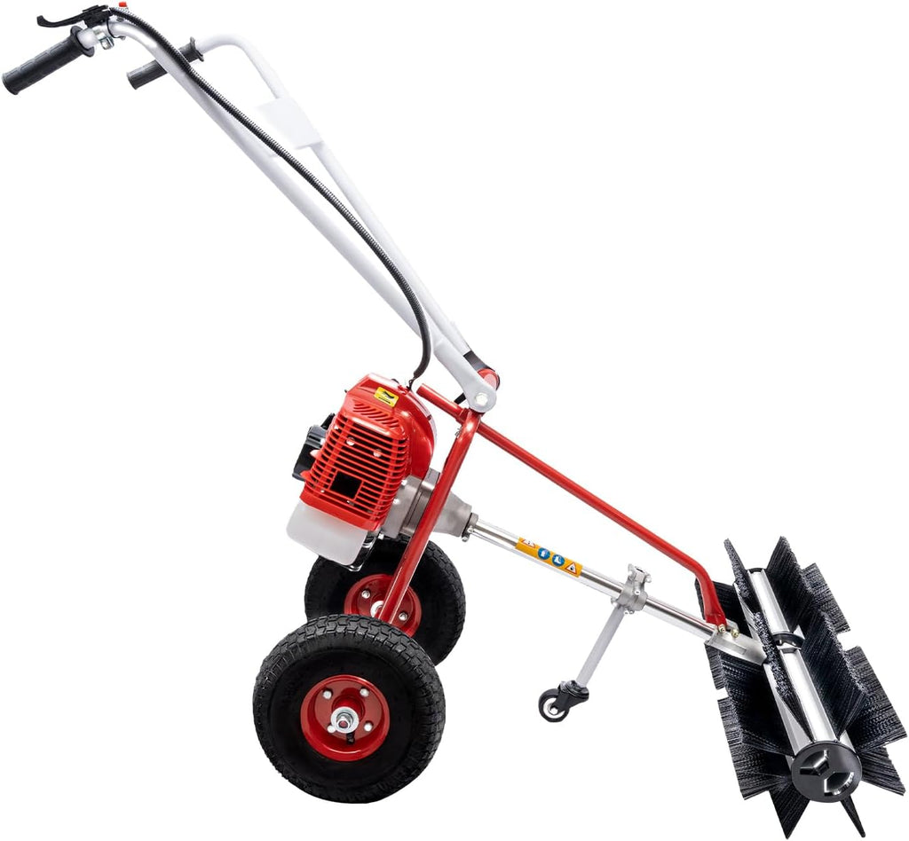 Hand Push Power Broom Sweeper 43CC 1.25KW Gasoline Powered Outdoor Walk Behind Sweeper, for Dirt Grass Leaves Lawn Debris Artificial Turf & Light Snow Cleaning