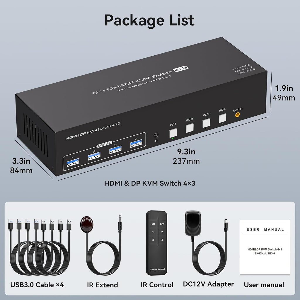 4K144Hz HDMI + 2 Displayport KVM Switch 3 Monitors 4 Computers 8K KVM Switches Triple Monitor for Four Computer Share 3 Display and Four USB 3.0 Ports Support Extended/Copy Mode with Infrared Remote