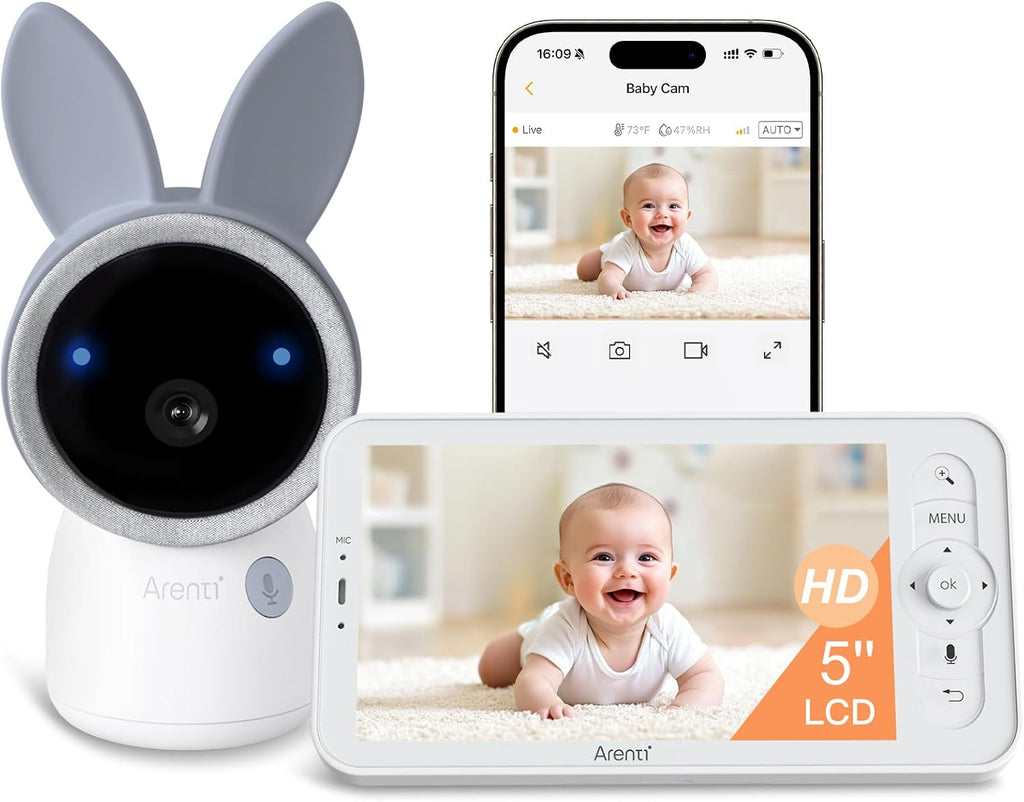 ARENTI 2.4G&5G Smart Baby Monitor with Camera and Audio, 5'' WiFi/No-WiFi 4MP Split Screen with Night Light, Smoothing Lullabies, Cry&Motion Detection, Temp&Humidity Senor, Free APP with Motion Video