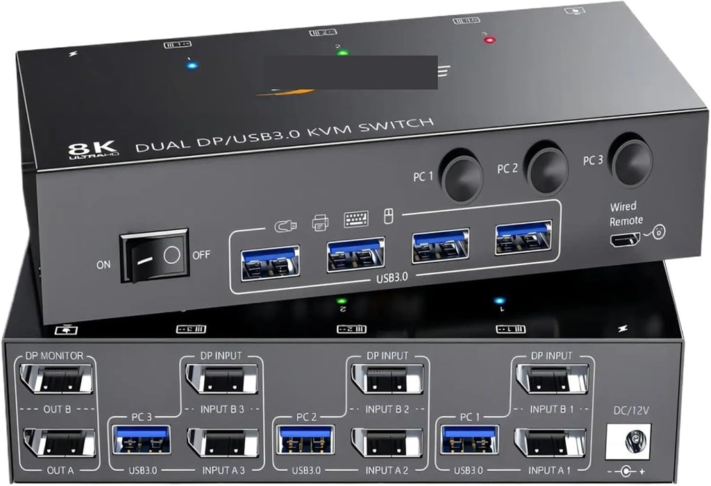 8K Displayport KVM Switch 2 Monitors 3 Computers 8K@60Hz 4K@144Hz,Dual Monitor KVM Switch Displayport with 4 USB 3.0 Ports(with EU Plug)
