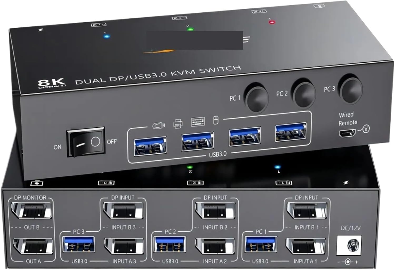 8K Displayport KVM Switch 2 Monitors 3 Computers 8K@60Hz 4K@144Hz,Dual Monitor KVM Switch Displayport with 4 USB 3.0 Ports(with EU Plug)