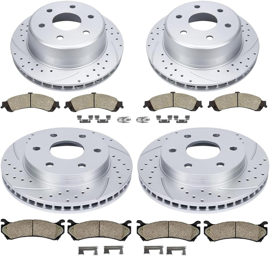 Front(12') and Rear(12.99') Brake Kit Fit for Chevrolet Avalanche Silverado Suburban Tahoe Cadillac Escalade ESV EXT GMC Sierra Yukon Drilled and Slotted Brake Rotors Ceramic Brake Pads Fit 4WD/AWD