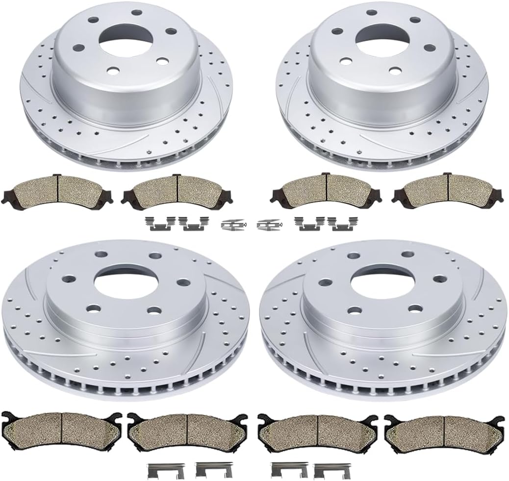 Front(12') and Rear(12.99') Brake Kit Fit for Chevrolet Avalanche Silverado Suburban Tahoe Cadillac Escalade ESV EXT GMC Sierra Yukon Drilled and Slotted Brake Rotors Ceramic Brake Pads Fit 4WD/AWD