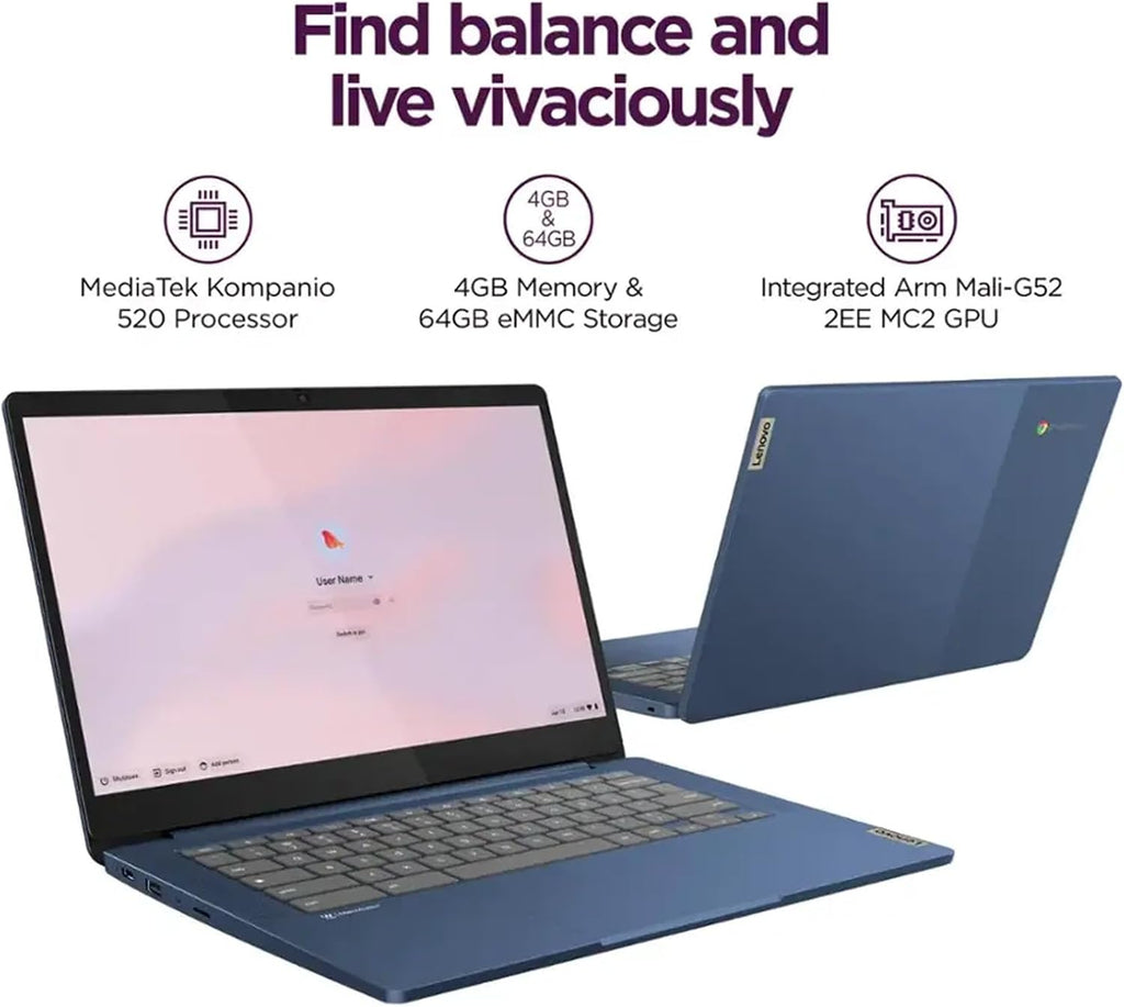 Lenovo IdeaPad Slim 3 Chromebook, 14'' Full HD (1920 x 1080) Display, 8-Core MediaTek Kompanio 520 CPU, 4GB RAM, 192GB (64GB eMMC + 128GB Micro SD Card), Wi-Fi 6, Abyss Blue, EAT Laptop Foldable Stand
