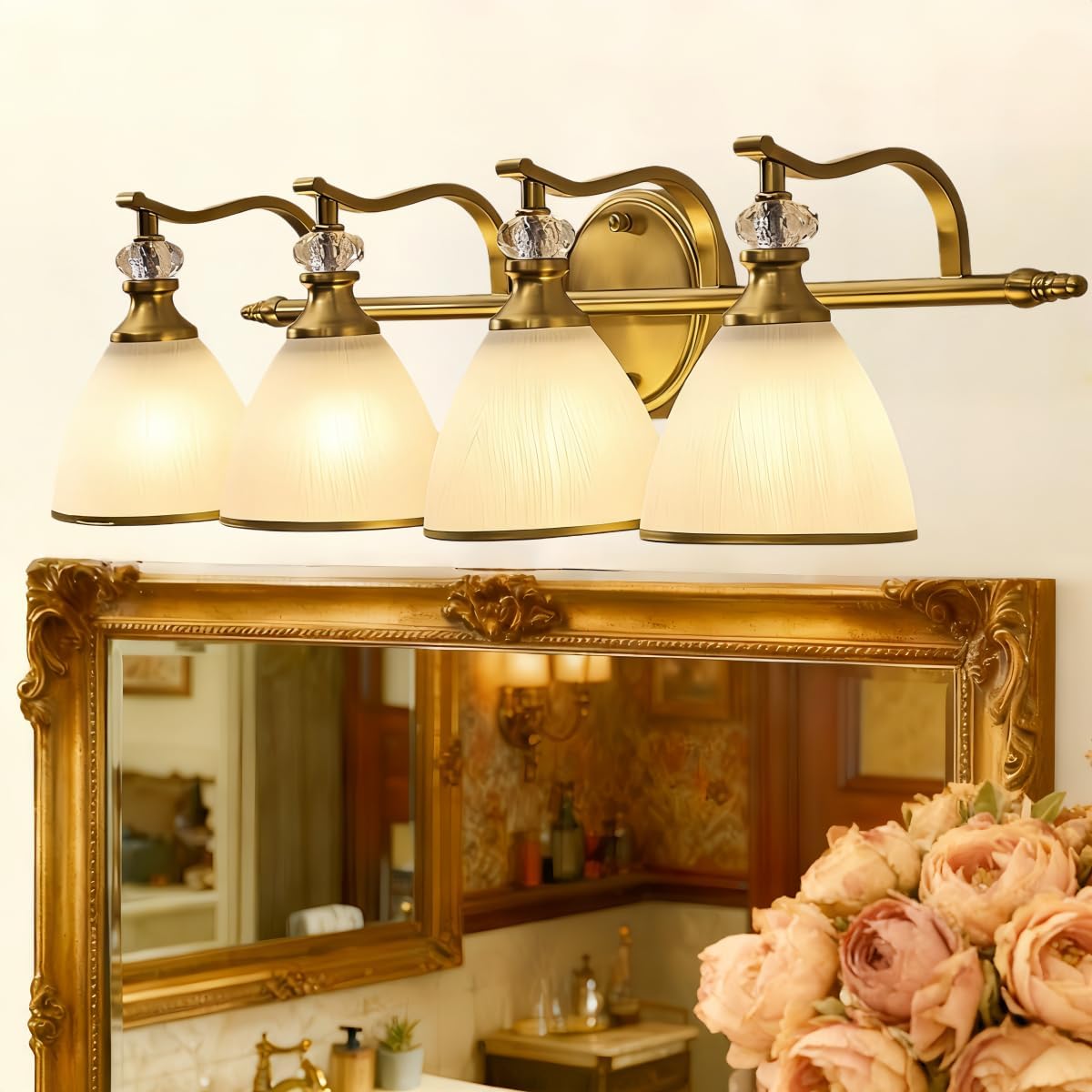 ANDY STAR Brushed Gold Vanity Light, 4-Light Bathroom Light Fixtures, Vintage Wall Lamp with Bell Shaped Frosted Lampshade, 27.8 Inch Bathroom Lighting Fixtures Over Mirror, (Bulbs Not Included)