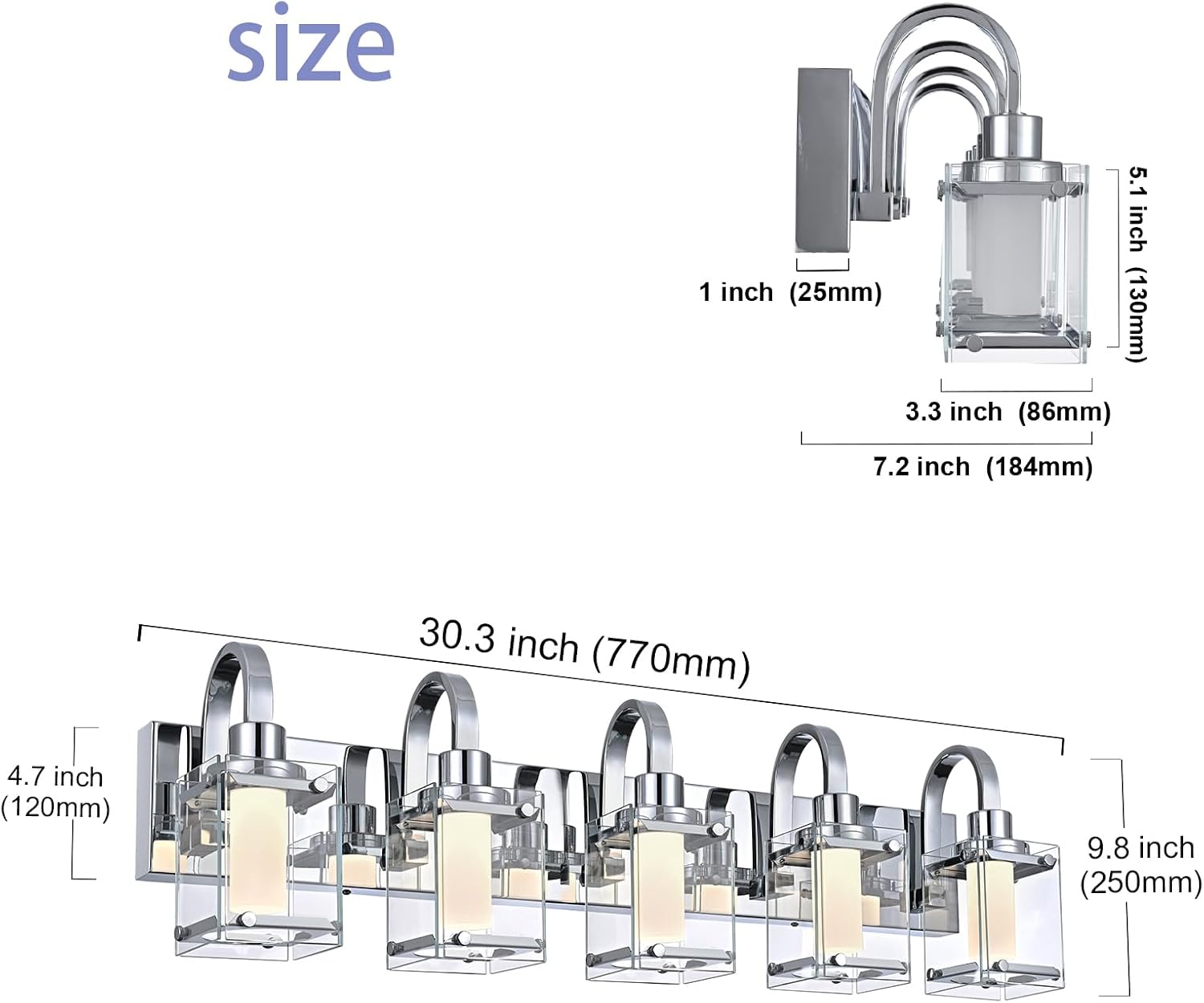 5-Light Chrome Vanity Light Fixtures, Modern LED Bathroom Wall Lights for Dressing Room, Integrated LED Chips with Frosted Column & Clear Square Glass Shades, Energy Saving Wall Sconce