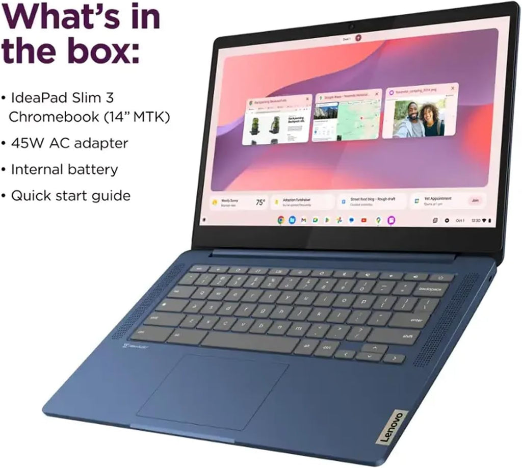 Lenovo IdeaPad Slim 3 Chromebook, 14'' Full HD (1920 x 1080) Display, 8-Core MediaTek Kompanio 520 CPU, 4GB RAM, 192GB (64GB eMMC + 128GB Micro SD Card), Wi-Fi 6, Abyss Blue, EAT Laptop Foldable Stand