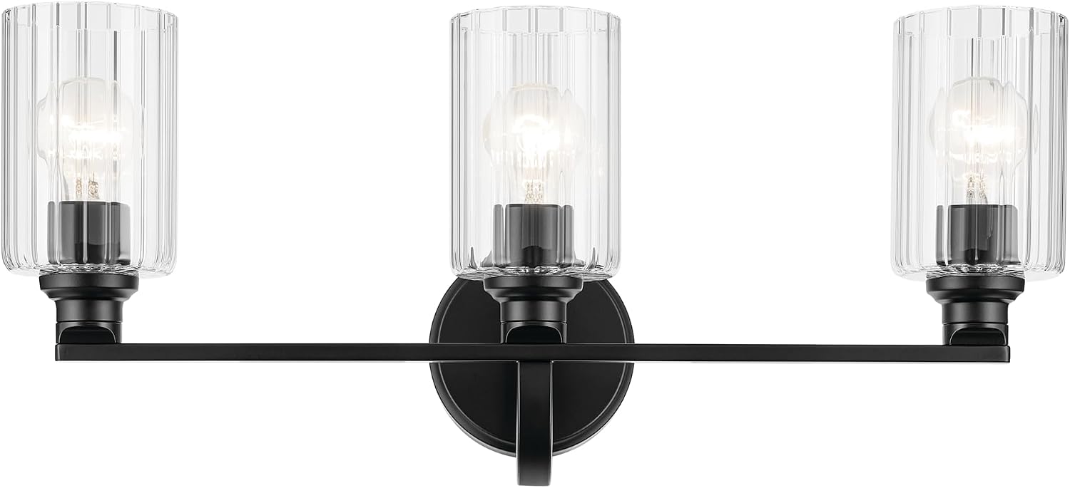 Kichler Gioe 24.25' 3-Light Bathroom Vanity Light Fixture with Clear Fluted Glass in Black, Modern Wall Mount Over Mirror for Powder Room, Damp Rated (24.25' W x 10.5' H), 55226BKFLU