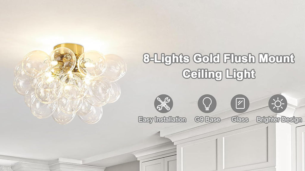 8-Light Flush Mount Ceiling Light, 16' Glass Bubble Ball Chandelier with 21 Clear Balls, Modern Globe Dining Room Light Fixture for Bedroom, Living Room, Hallway, Entry, Bathroom