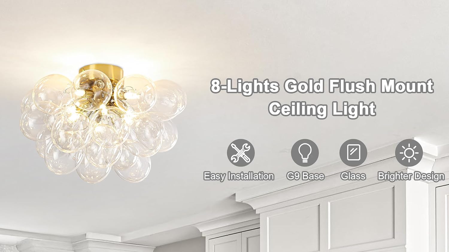8-Light Flush Mount Ceiling Light, 16' Glass Bubble Ball Chandelier with 21 Clear Balls, Modern Globe Dining Room Light Fixture for Bedroom, Living Room, Hallway, Entry, Bathroom