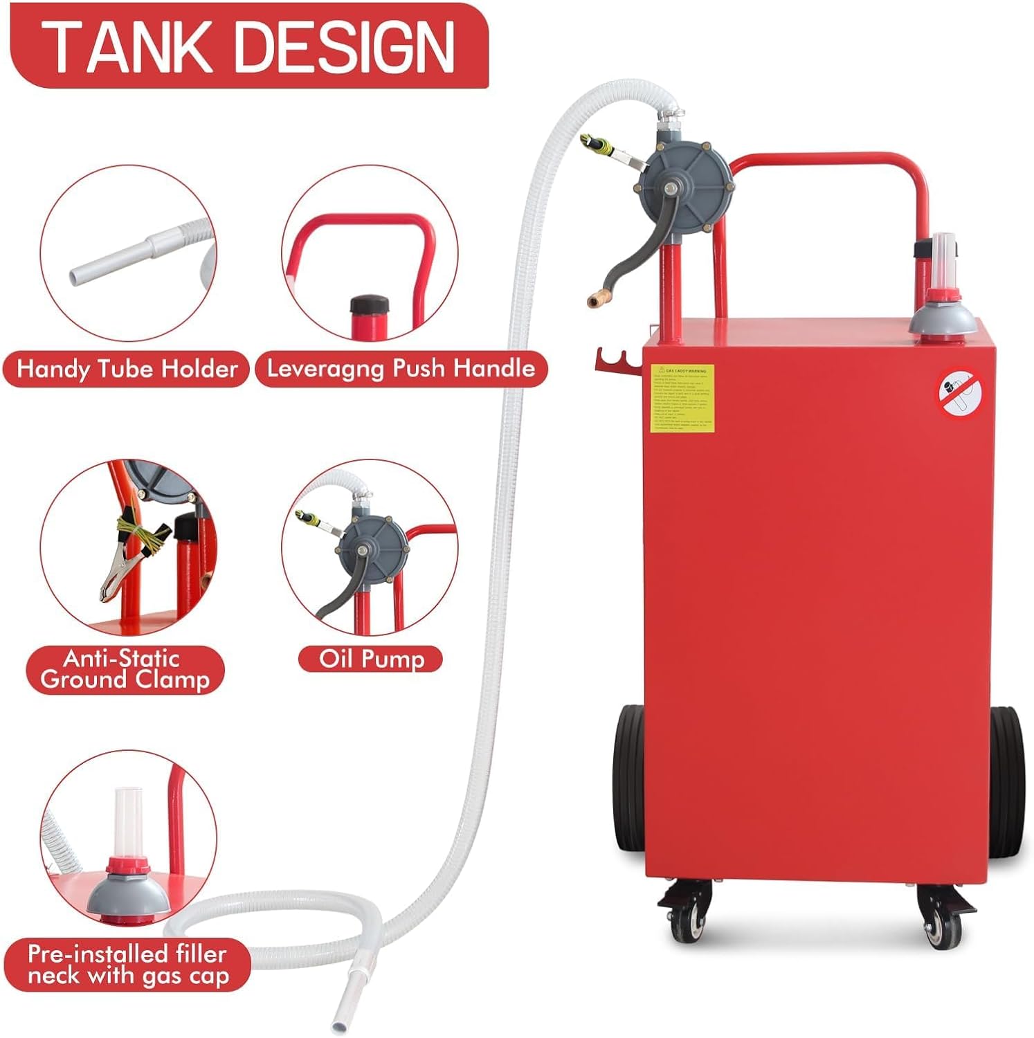 45 Gallon Portable Gallon Fuel Caddy With Manual Transfer Pump, Gasoline/Diesel Storage Tank On Flat-Free Wheels, Heavy Duty Gas Can With Hose for Car, Truck, ATV, Boat, Lawn Mower Red