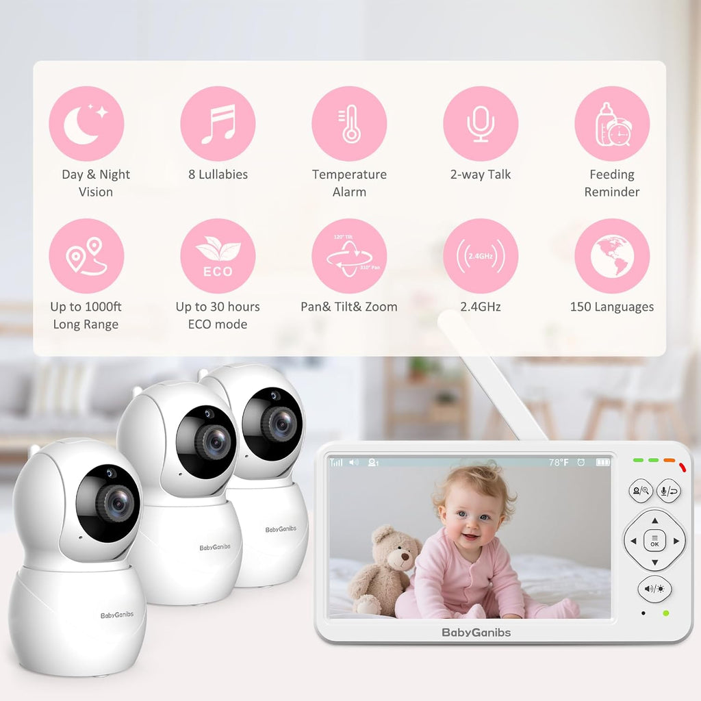 6' Big Screen No WiFi Baby Monitor with 3 Cameras, 1000ft Long Range, 2-Way Talk, 8 Lullabies, ECO Mode, Infrared Night Vision, 150 Languages, Perfect Baby Shower,Baby Register Gift