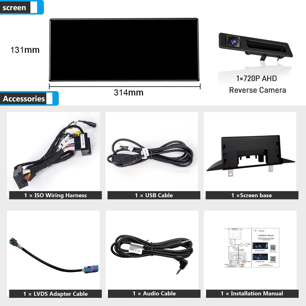 PEMP Ultra-Thin 12.3' for BMW 3 Series F30 NBT CIC Wireless and Wired CarPlay Android Auto Screen Calls Using The OEM Bluetooth with a 720P AHD Reverse Camera (2012-2017)