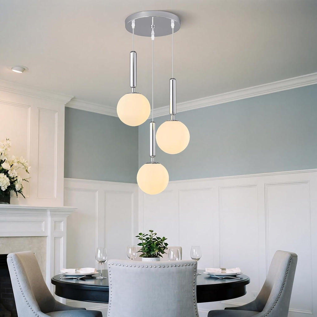 Modern Chrome Pendant Light Hanging Fixture Light for Kitchen Island Mid Century with Globe Pendant Light Milk White Glass Pendant Lighting for Living Room Bedroom Entryway (3 Lights)