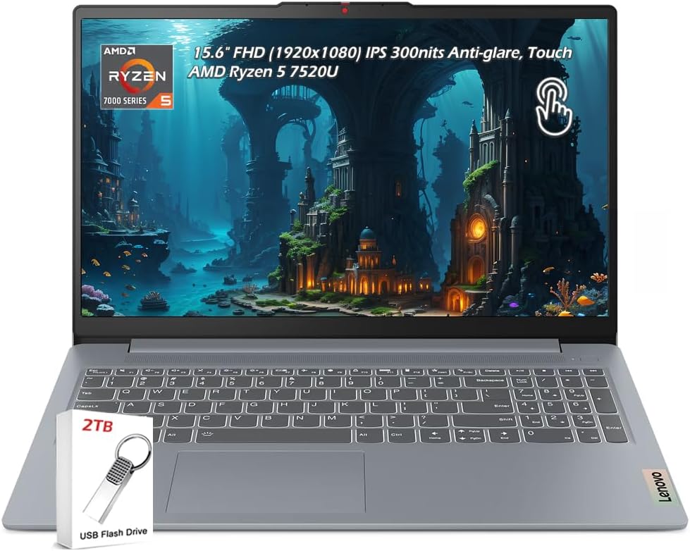 Lenovo IdeaPad Slim 3 15.6 inch FHD Touchscreen Laptop, AMD Ryzen 5 7520U Processor, 8GB DDR5 RAM, 1TB SSD, Windows 11, AMD Radeon 610M, WiFi 6, Bluetooth, Artic Grey, w/2TB Flash Drive, W/GaLiMu