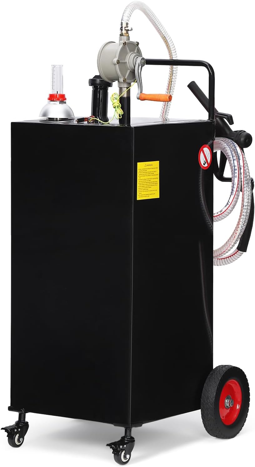 Garvee 50 gal Fuel Caddy with Manual Pump – Heavy Duty Gasoline & Diesel Transfer Tank On 4 Wheels, Spill-Proof Portable Fuel Container for Boat, Truck, Lawn Mower, ATV, Garage & Farm – Black
