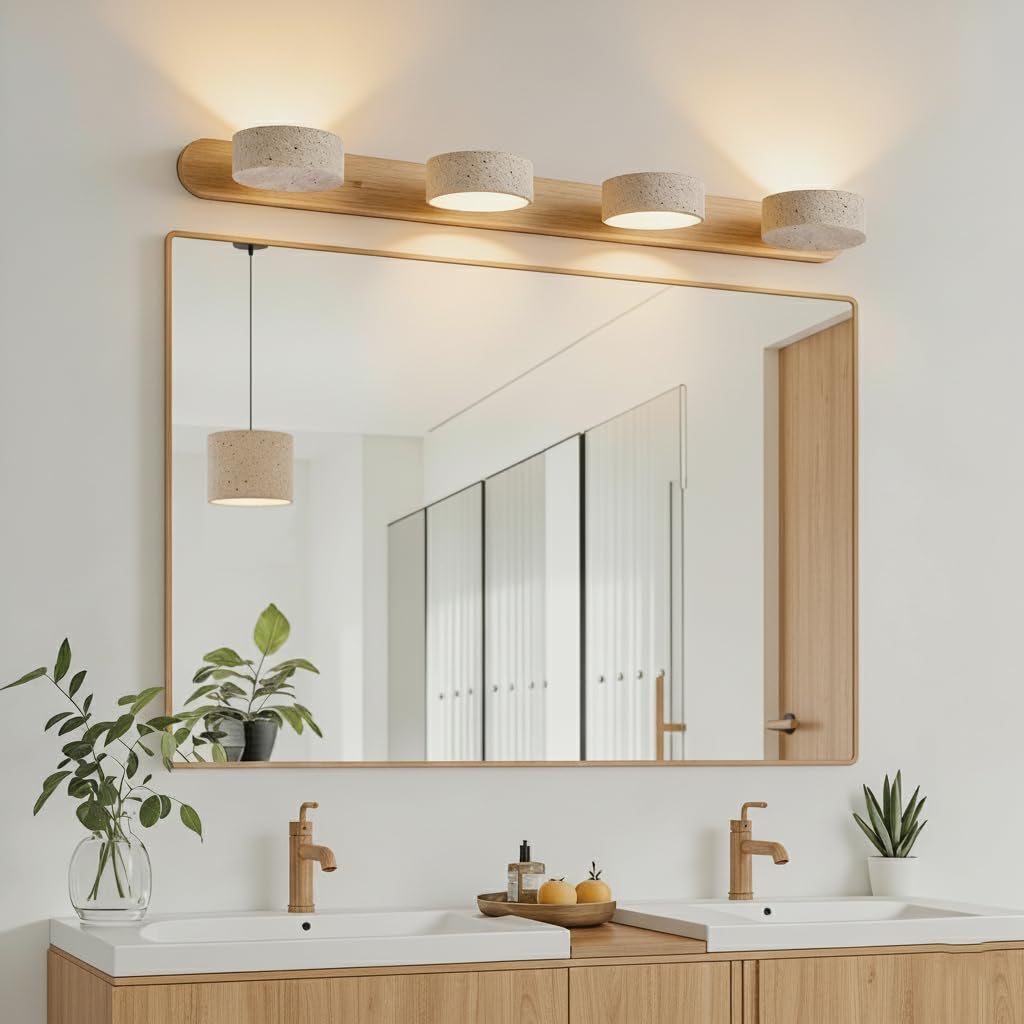 LED Bathroom Vanity Light, Travertine Stone Light Fixture, 360° Rotatable Stone Lampshades, Modern Rustic Wall Lamp for Bedroom, Living Room, Hallway (Natural Wood-4 Lights)