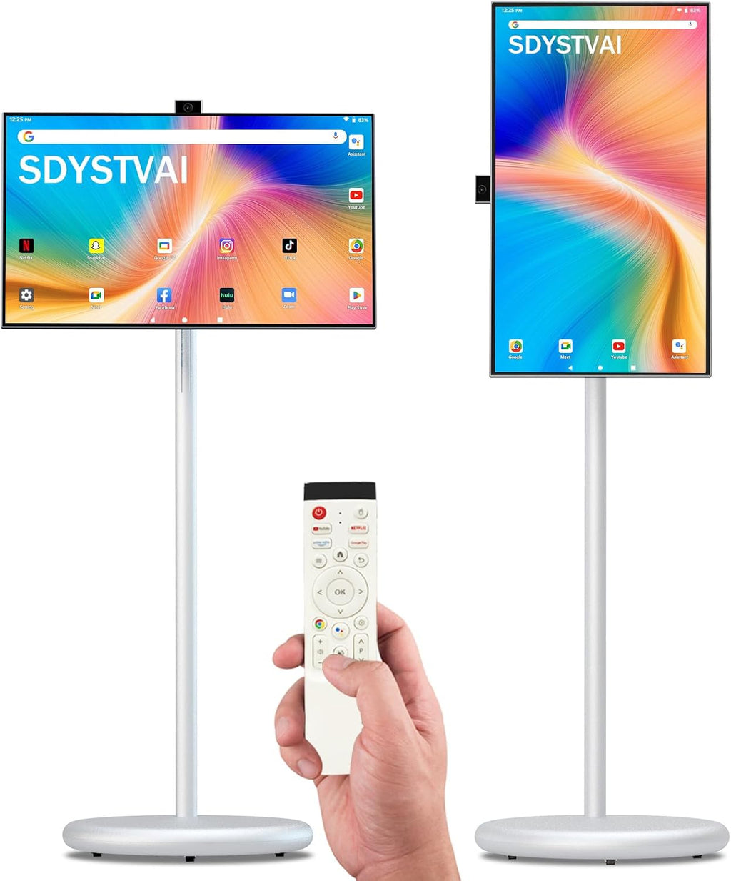 27' FHD Smart Portable TV, Rolling TV on Wheels, Android 15 OS, 6G +128GB Storage, Portable Touch Screen Monitor, 13MP Camera, Built-in Battery, 60Hz Refresh Rate, Full Swivel Rotation, Voice Remote