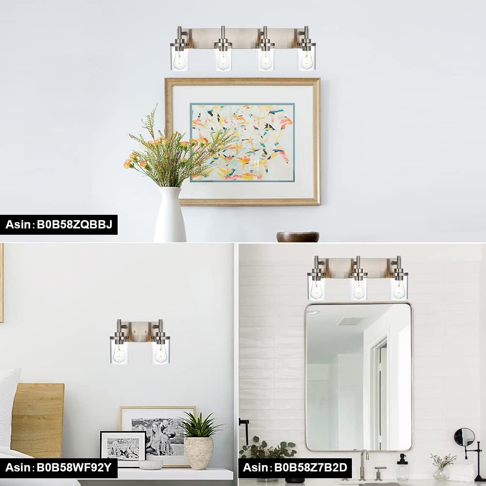 4 Lights Brushed Nickel Bathroom Vanity Light Over Mirror with Clear Glass Shades Industrial Wall Mounted Fixtures 18 inch Modern Wall Sconce Lighting for Farmhouse Living Room Bedroom Hallway
