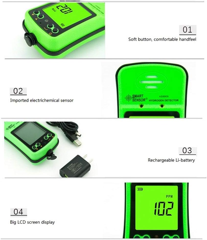 Portable H2 Gas Detector 0~1000ppm LCD Display Rechargeable Li-Battery Powered Alarmable Handheld Digital Hydrogen Gas Monitor Meter Tester Analyzer with Sampling Pump