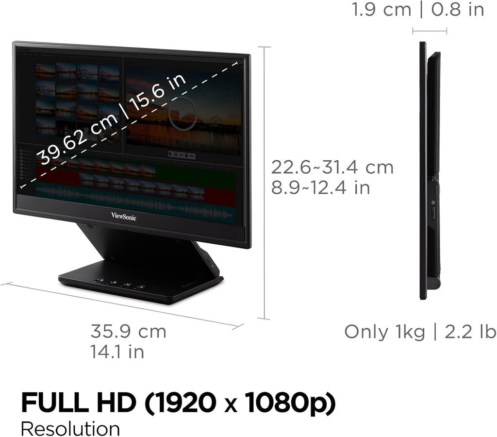 ViewSonic VP16-OLED 15.6 Inch 1080p ColorPro Monitor, OLED Display with Pantone Validated Color Accuracy for Immersive Second Screen Productivity, Advanced Ergonomics, 40W USB-C, and mini HDMI Inputs