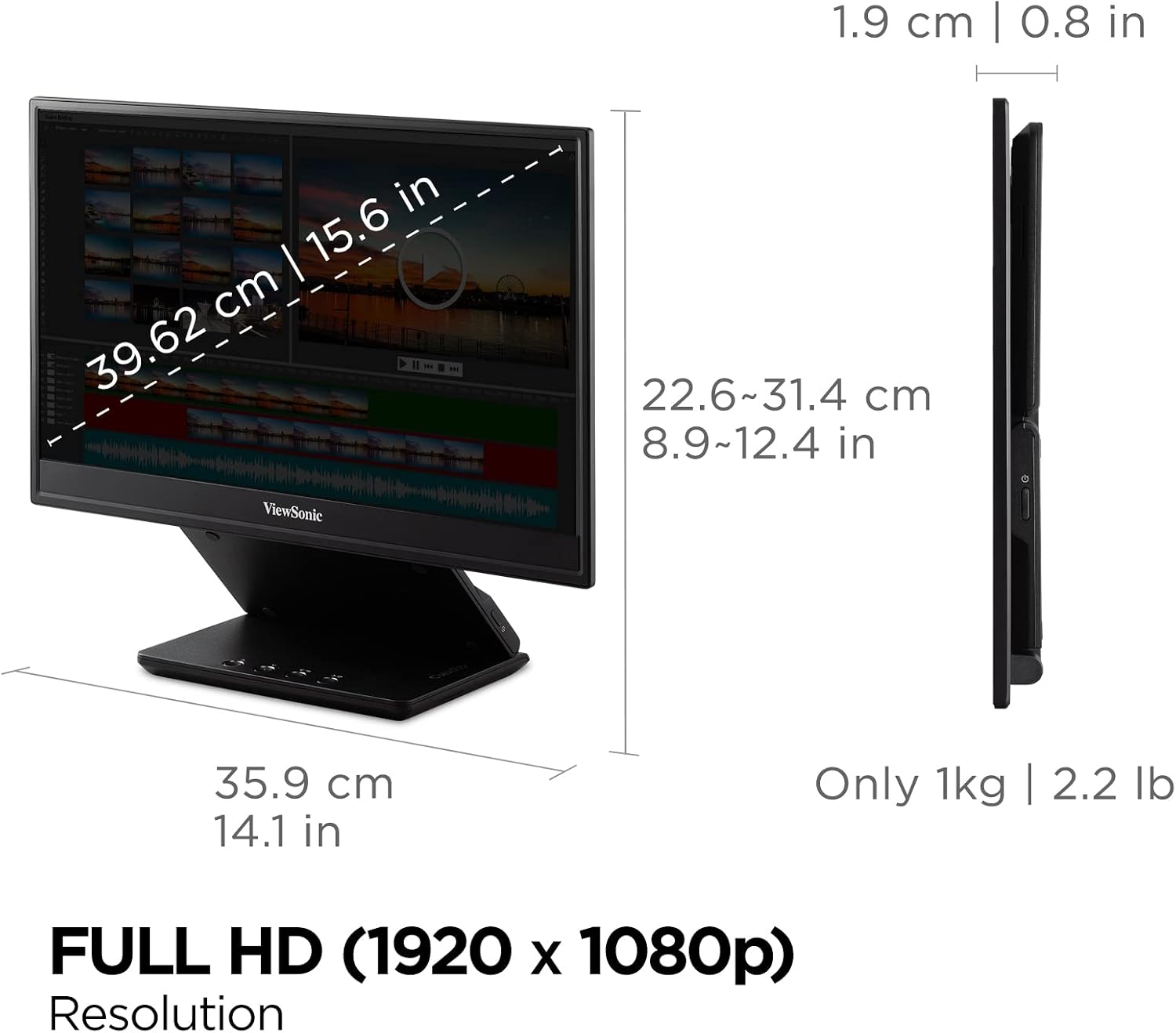 ViewSonic VP16-OLED 15.6 Inch 1080p ColorPro Monitor, OLED Display with Pantone Validated Color Accuracy for Immersive Second Screen Productivity, Advanced Ergonomics, 40W USB-C, and mini HDMI Inputs