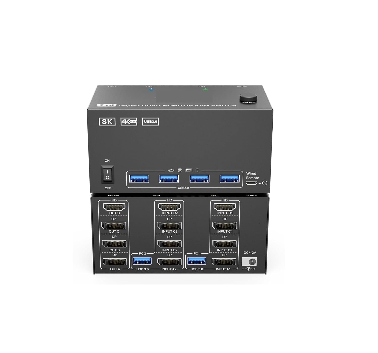 KVM Switch 4 Monitors 2 Computers,USB 3.0 HDMI+DisplayPort Four Monitor for PC Share Display 4USB(204 2H2D)