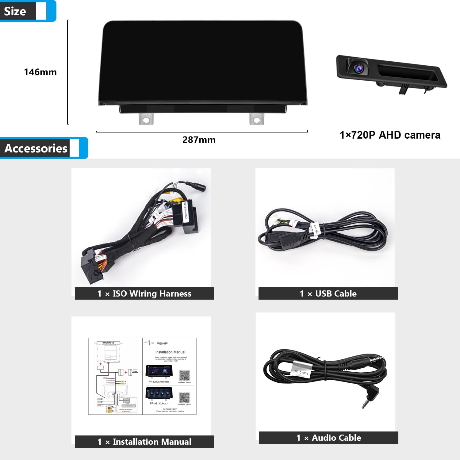 PEMP 10.25' Linux Screen for BMW (2012-2017) 3 Series F30 NBT CIC System, CarPlay Support iOS 26 Android Auto Mirror Link with a 720P AHD Revers Camera