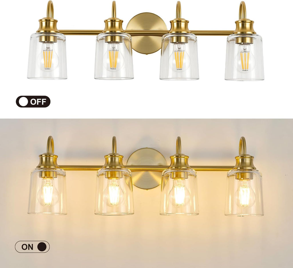 4 Lights Bathroom Light Fixtures Modern Gold Vanity Lights for Bathroom Lighting Fixtures Over Mirror with Clear Glass Shade for Cabinet Mirror Bedroom Hallway