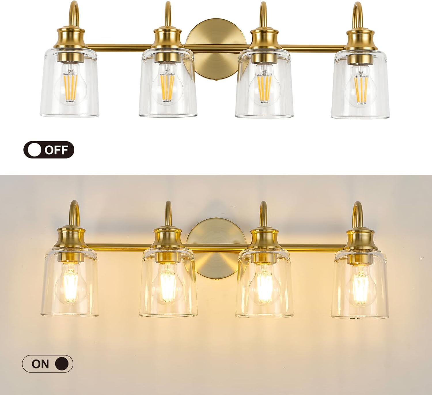 4 Lights Bathroom Light Fixtures Modern Gold Vanity Lights for Bathroom Lighting Fixtures Over Mirror with Clear Glass Shade for Cabinet Mirror Bedroom Hallway