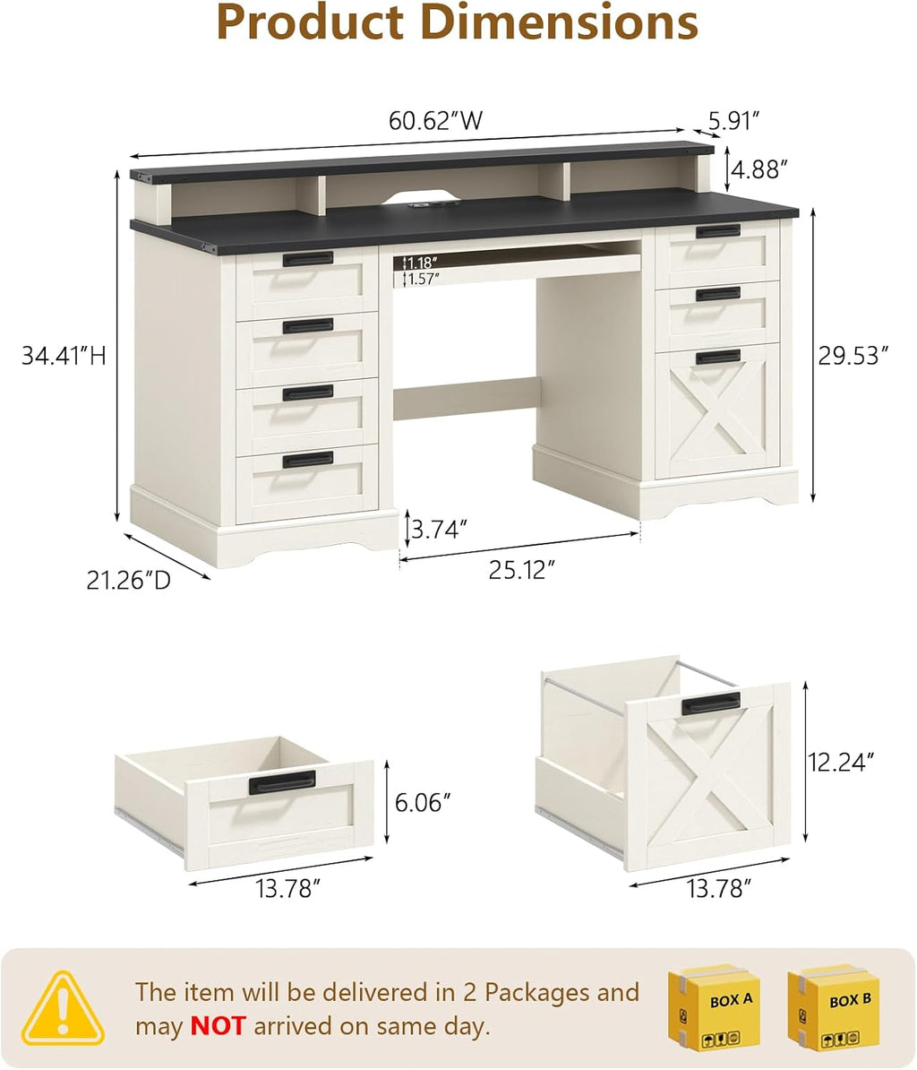 60' Farmhouse Executive Desk with 8 Drawers, Wood Computer Desk with Keyboard Tray and Charging Station, Home Office Desk Writing with File Drawer Fits A4 Size for Work and Study, White and Black