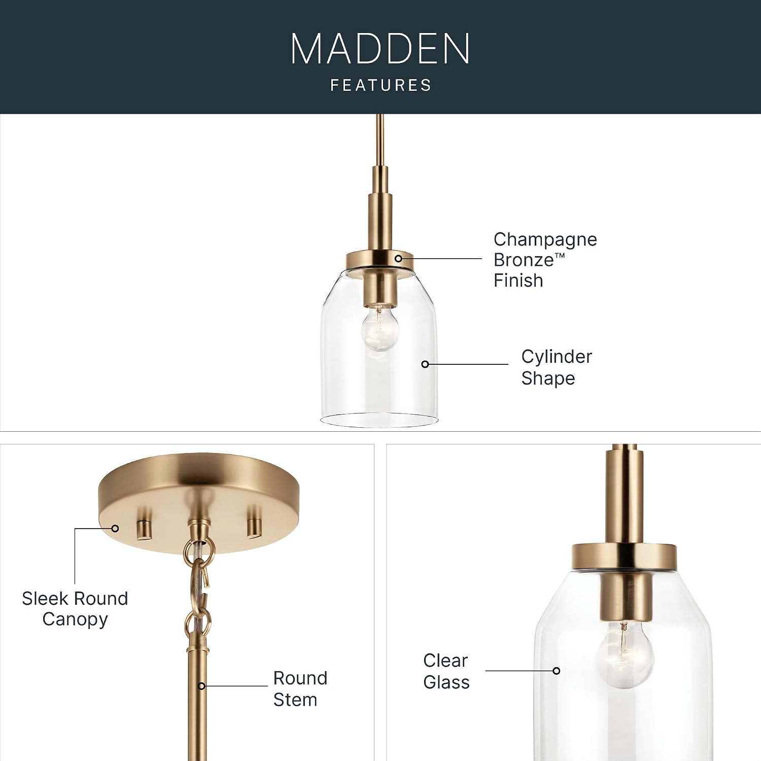 Kichler Madden 1-Light Mini Pendant Light Fixture with Clear Glass Shade in Champagne Bronze, Sloped Ceiling Compatible for Kitchen Island Hanging Lighting (15' x 7 '), 52725CPZ